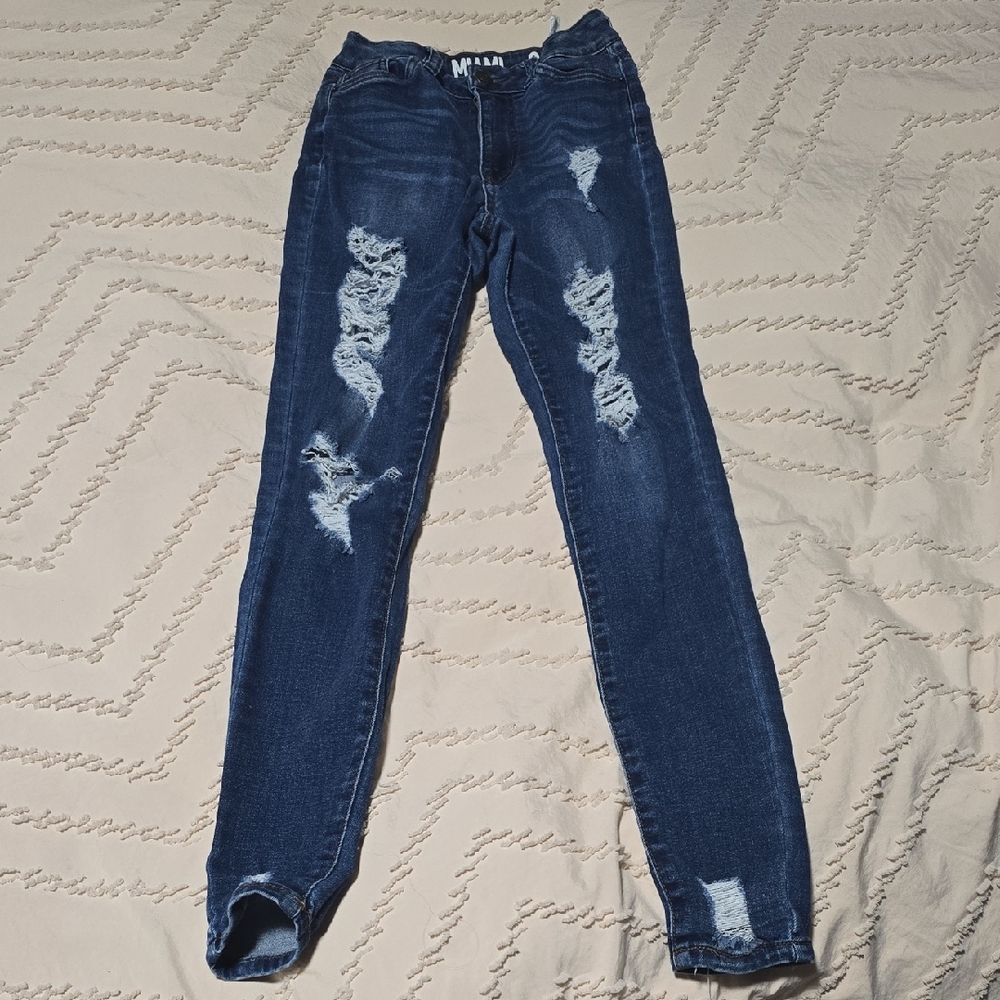 Distressed High Rise Super Skinny Blue Jeans